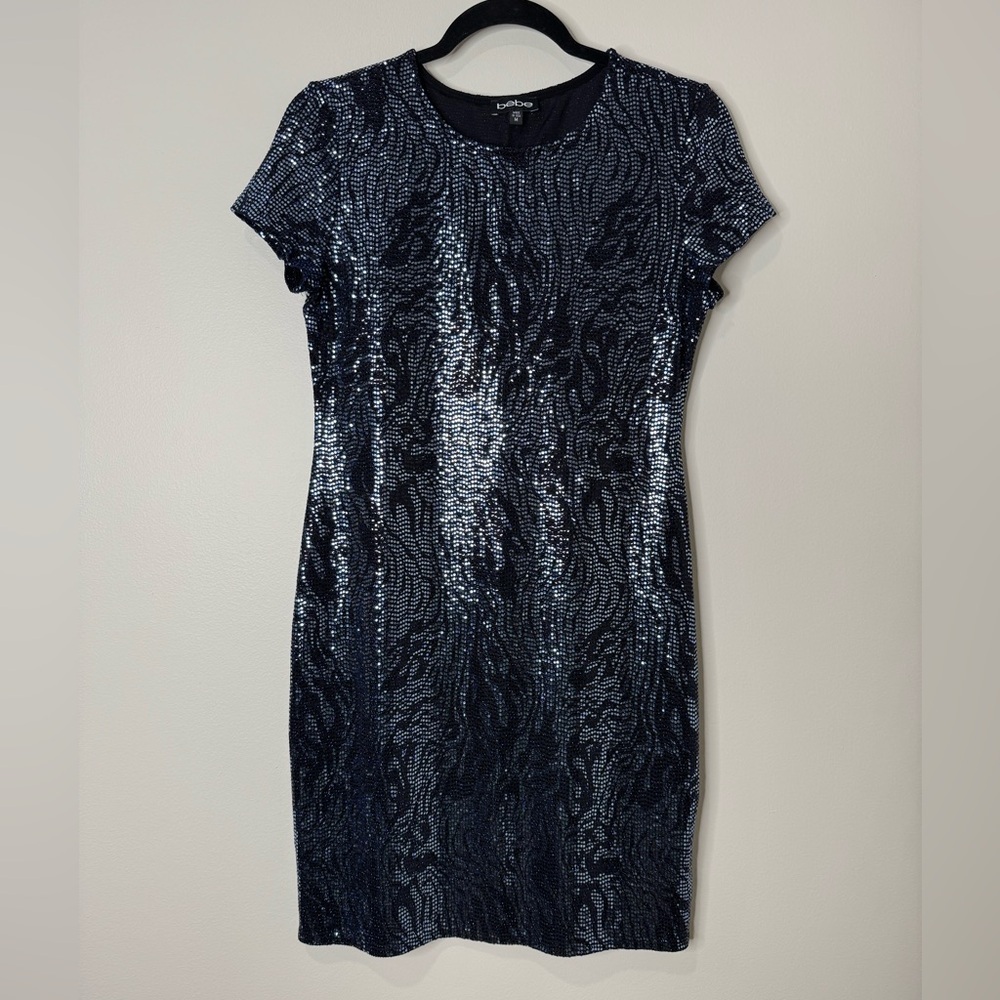 Y2K Bebe Metallic Embellished Zebra Print Short Sleeve Bodycon Dress‎ Blue Black